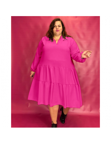 ROBE COL CHEMISIER À VOLANTS - FUSCHIA Paris Déstockage Promo